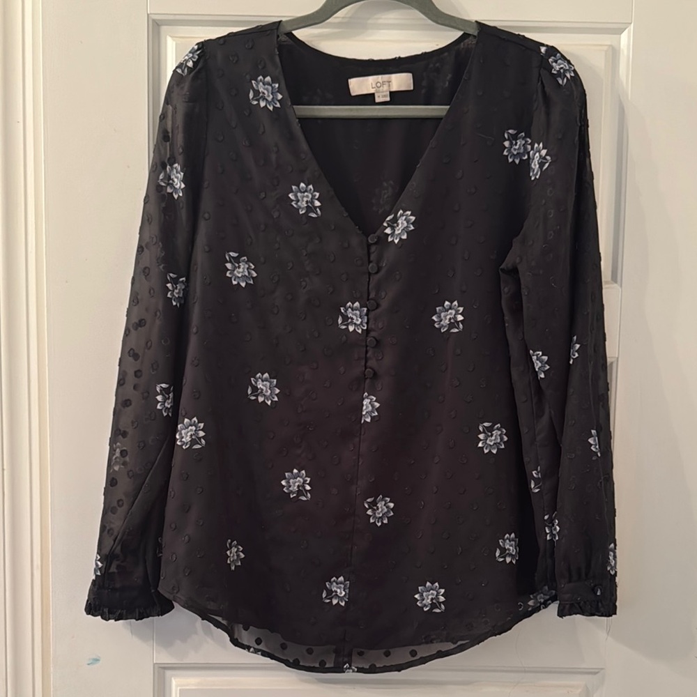LOFT Navy Blue Floral Blouse Size Medium